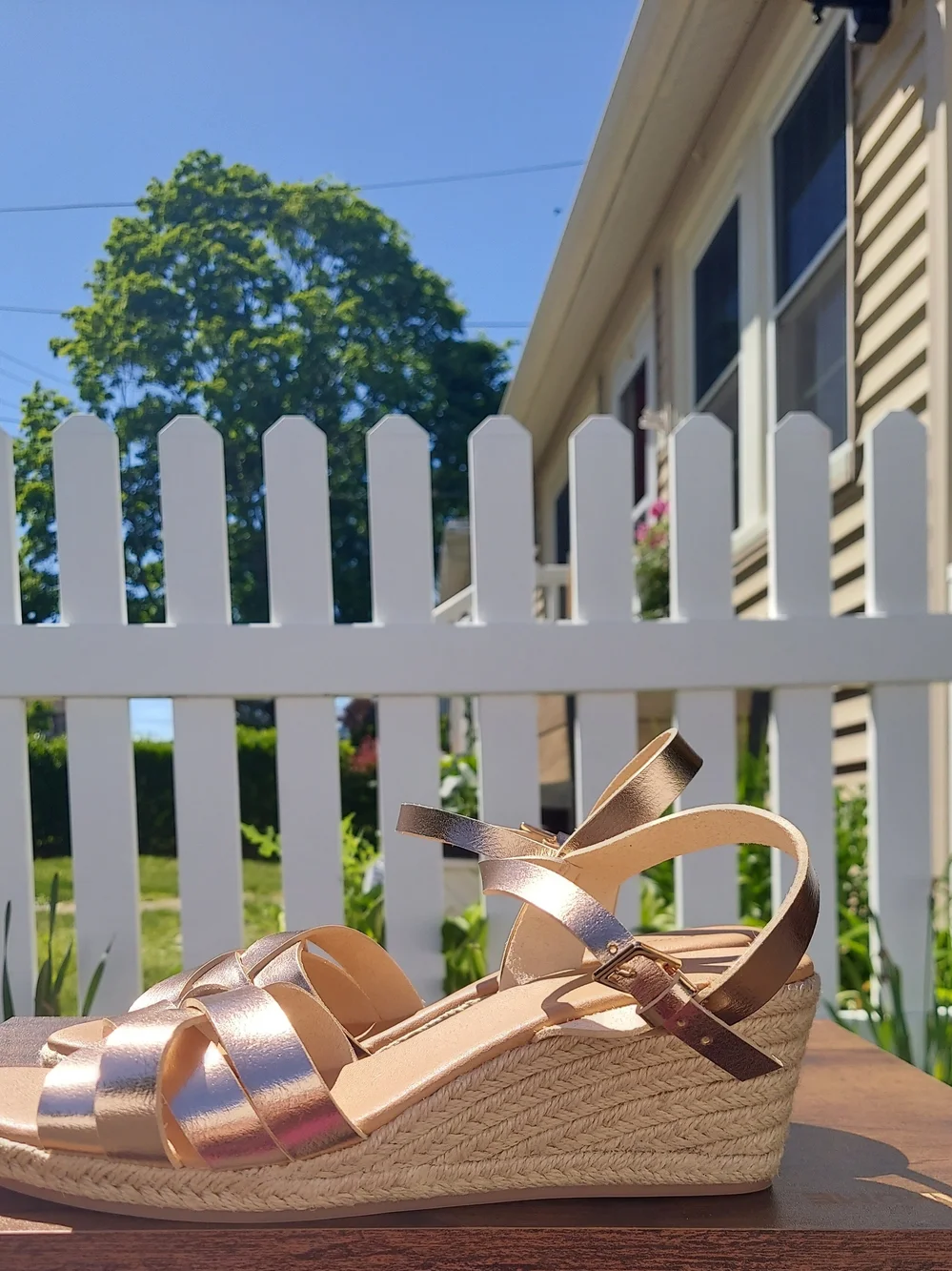 Lands End Metallic Rose Gold Espadrille Wedge Sandals Women Size 8.5 Coastal - Picture 2 of 14